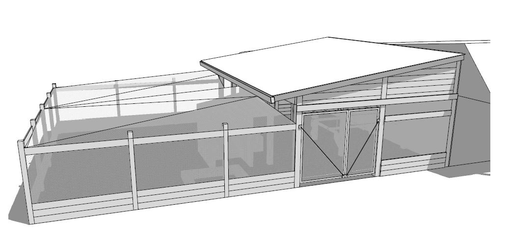 Perspective of the rabbitry + chicken shed